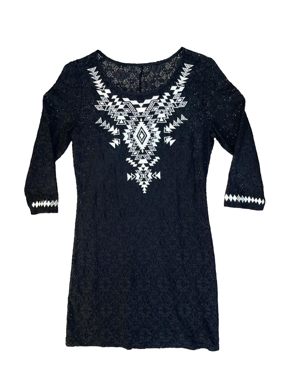 Express Cotton Black Lace Dress Embroidered Southwest Tribal Women's Small Black